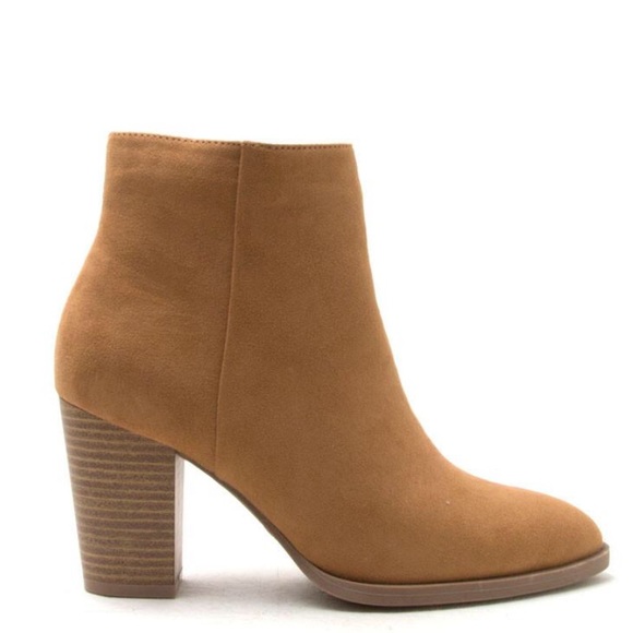 1 Left! Qupid Tiber Camel Suede Wood Heeled Bootie - Picture 3 of 8